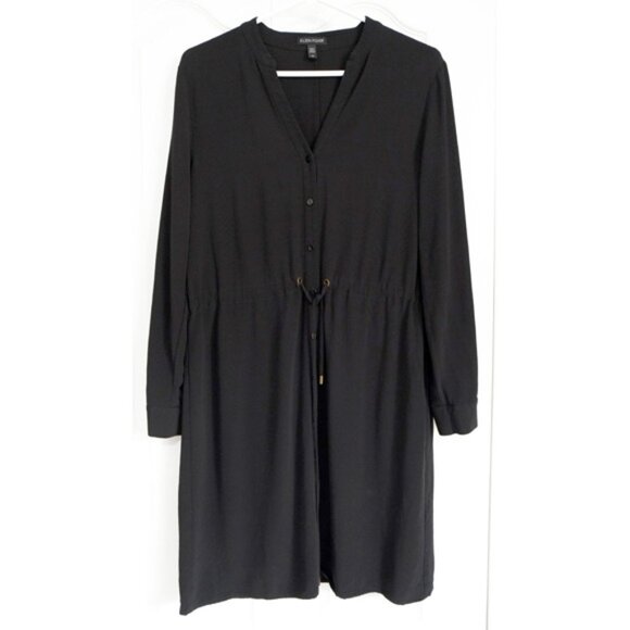 Eileen Fisher Curan black crepe drawstring waist button down dress S-M - Picture 3 of 8